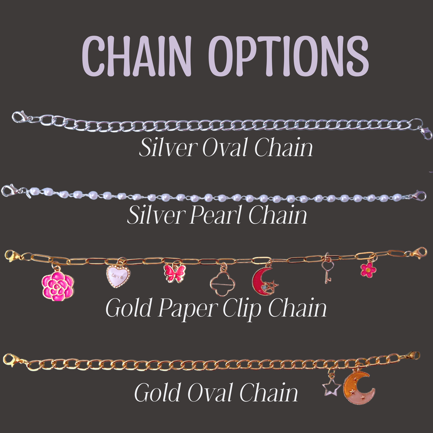Various chain options displayed with labels on a dark background