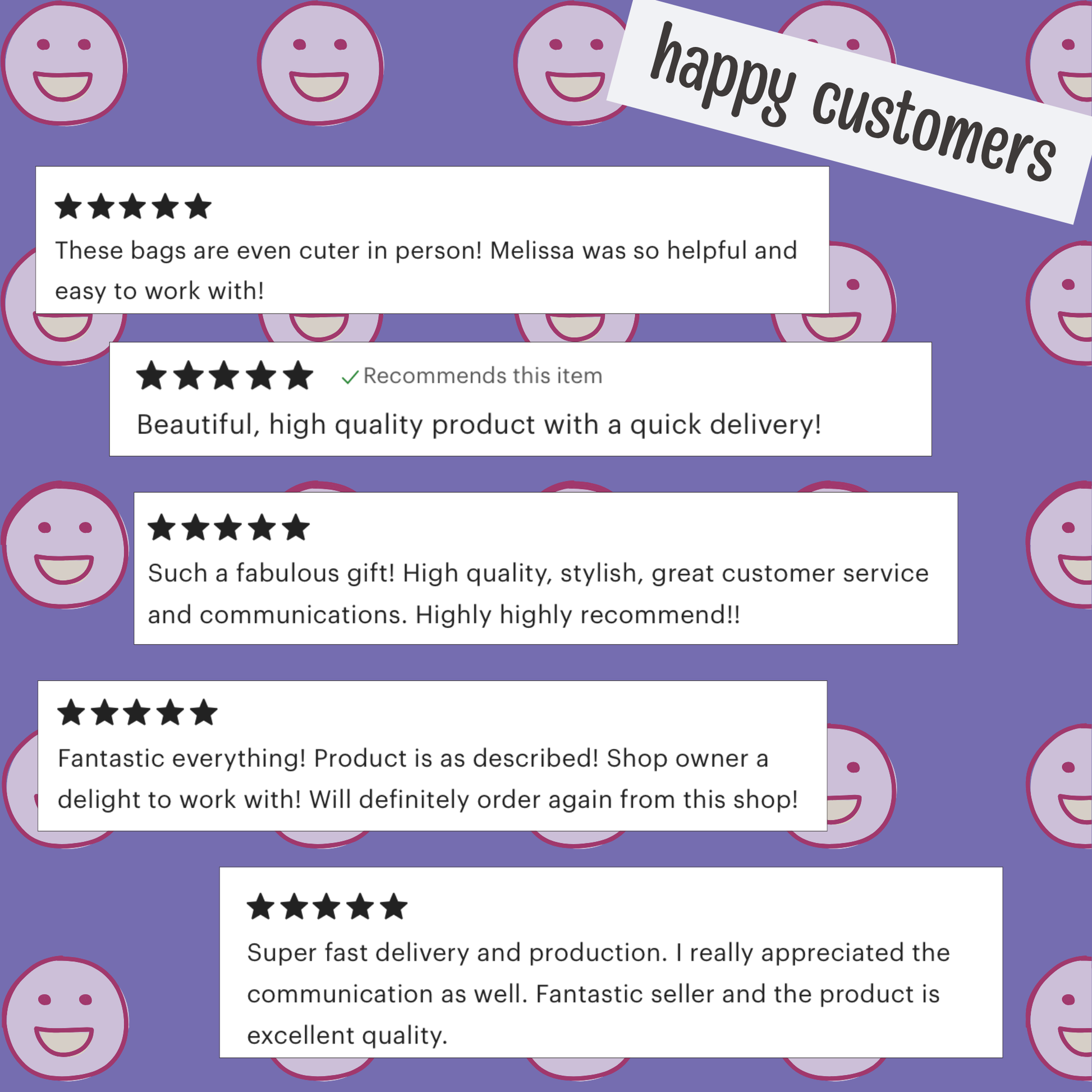 Five-star reviews with positive comments on a purple background with smiley face icons.