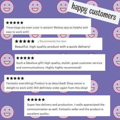 Five-star reviews with positive comments on a purple background with smiley face icons.