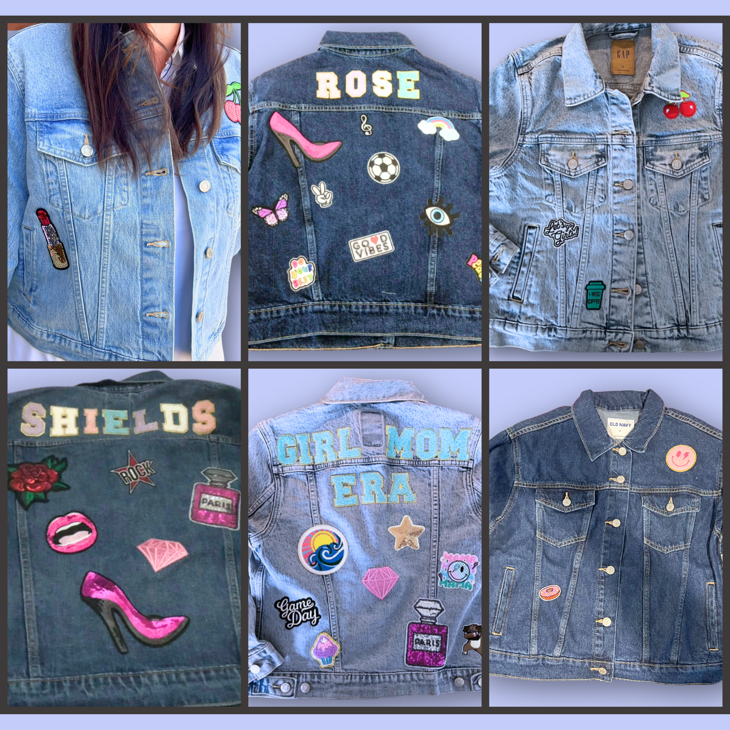 Collage of a denim jacket with various patches and text
