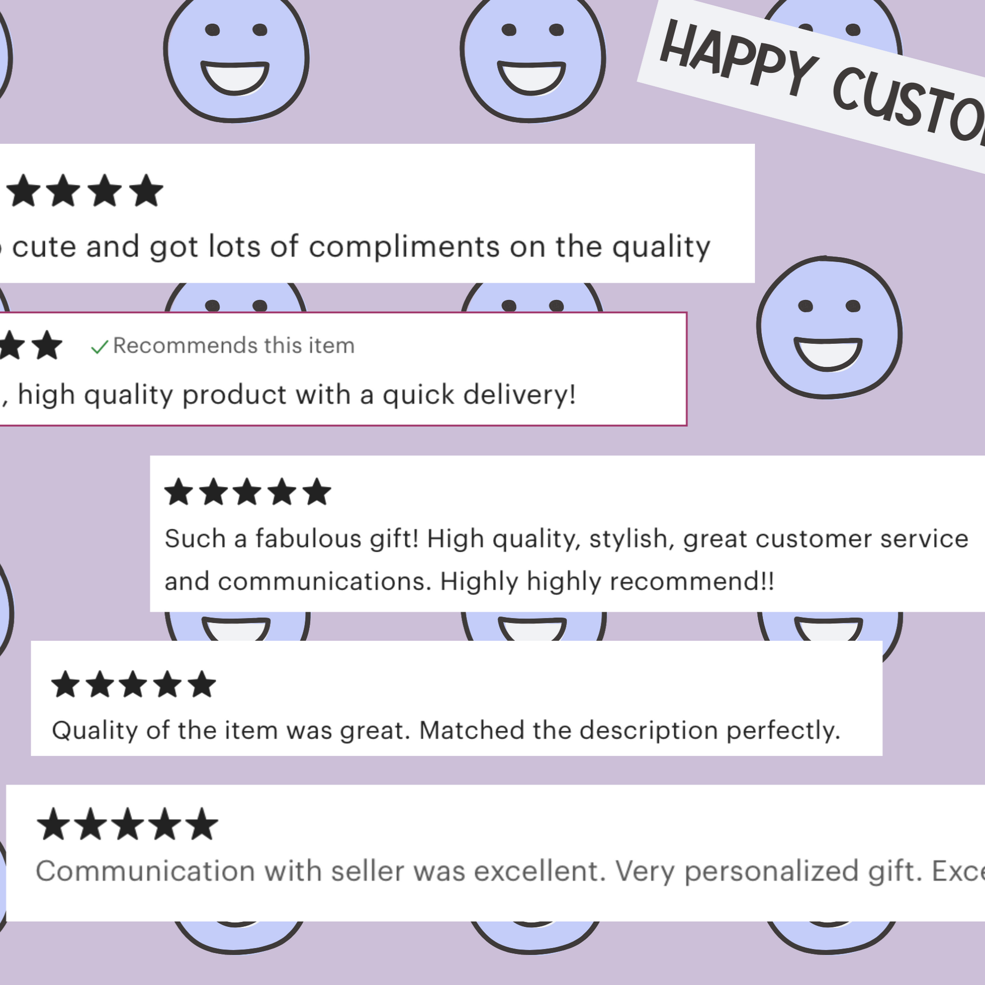 Positive reviews with smiley faces on a purple background