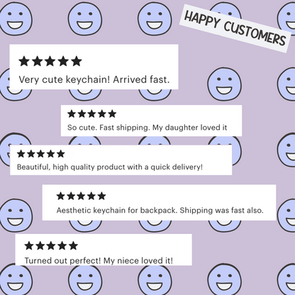 Five-star reviews for a keychain on a purple background with smiley faces.