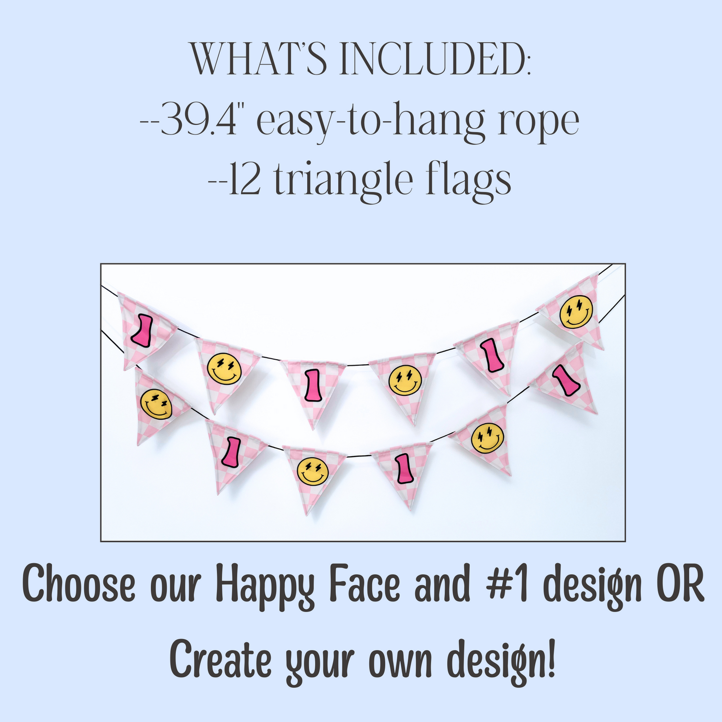 Bunting with smiley faces and numbers on a light blue background
