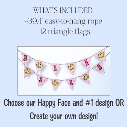 Bunting with smiley faces and numbers on a light blue background