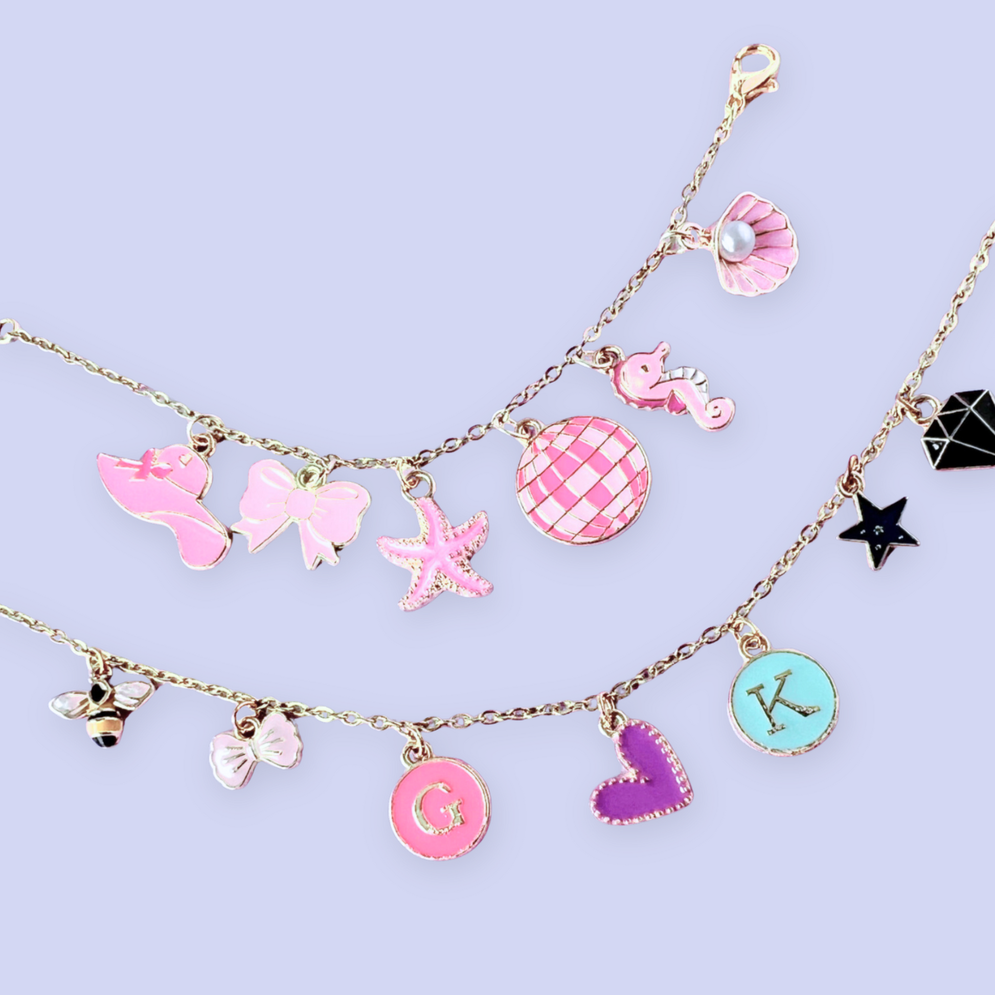 bracelets with various colorful charms on a light purple background