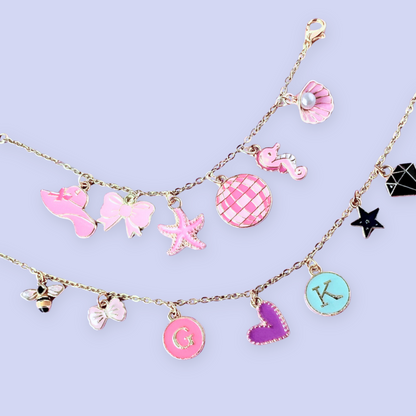 bracelets with various colorful charms on a light purple background