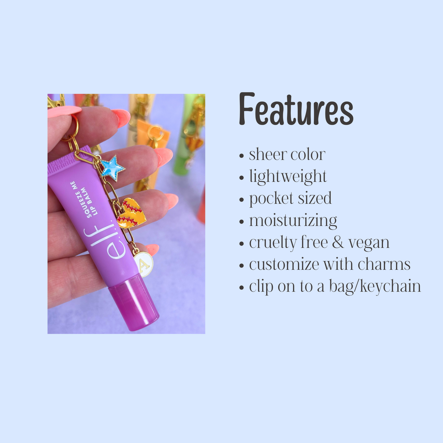 Purple lip balm with charms held by a hand on a light purple background, featuring product features.