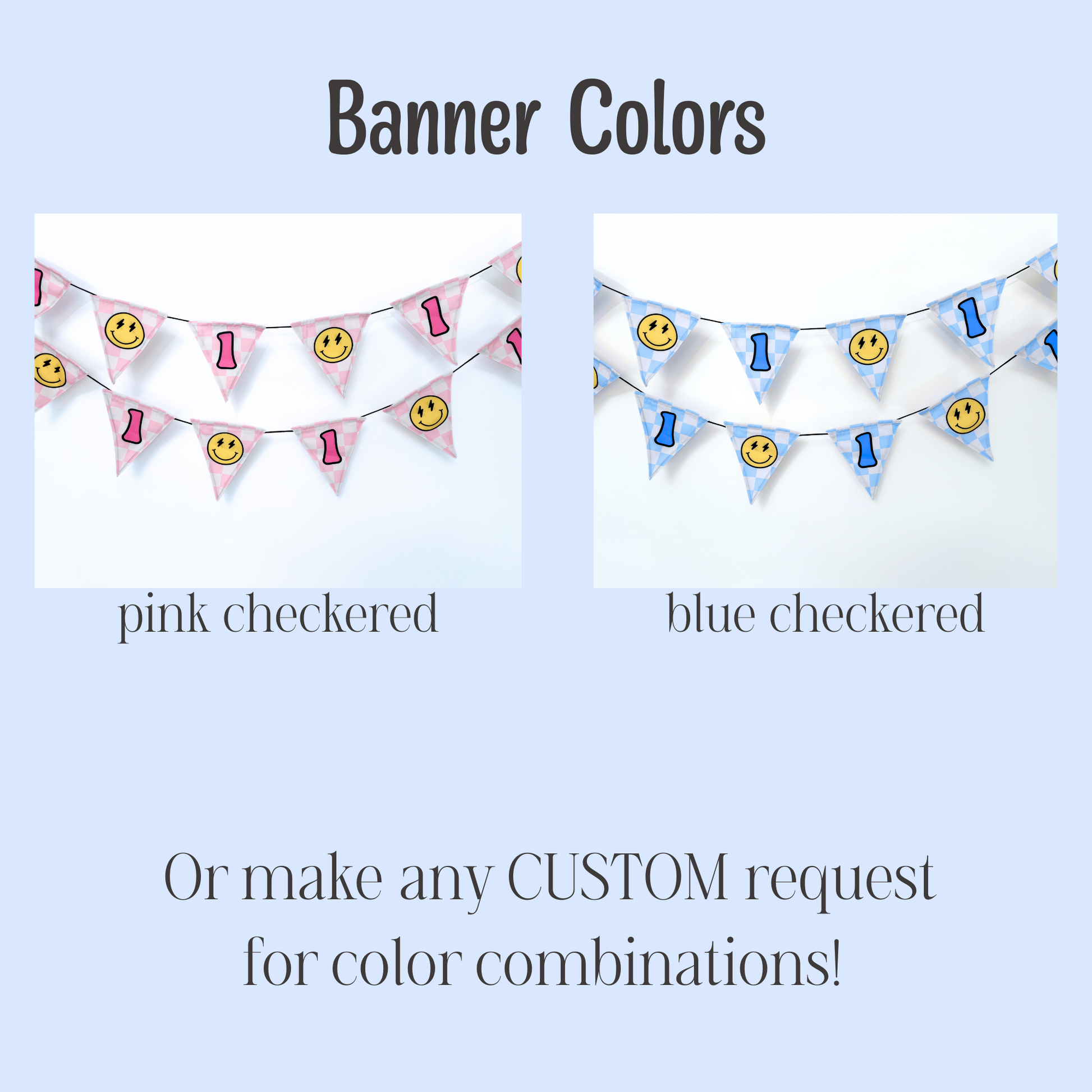 Two banner designs, one pink checkered and one blue checkered, with smiley face flags on a light blue background.