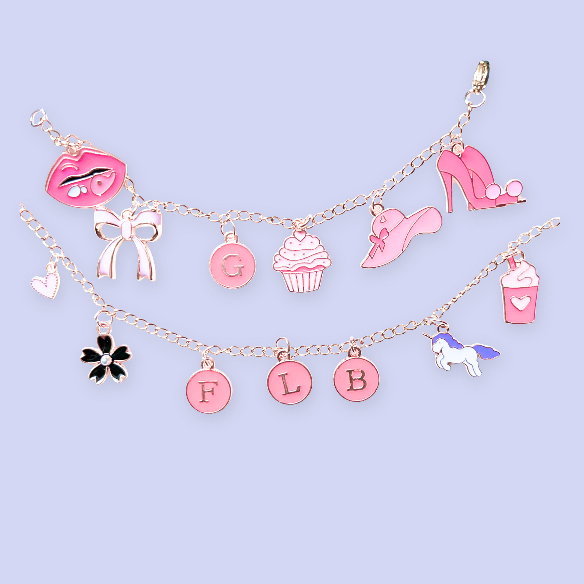 Necklace with various charms on a light purple background