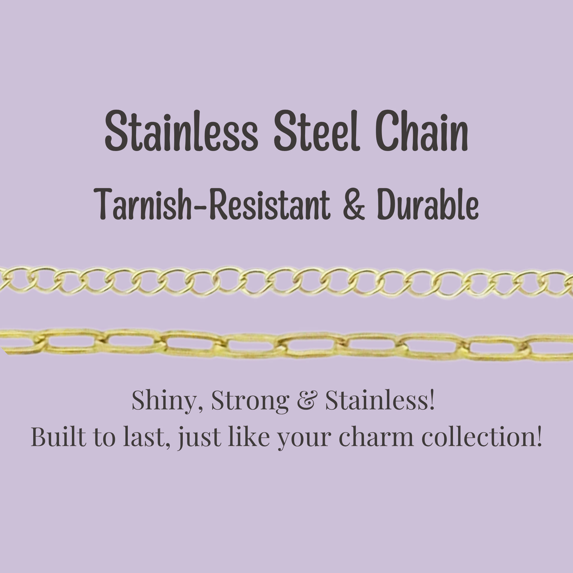 Gold stainless steel chain on a purple background with text highlighting its features.