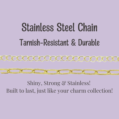 Gold stainless steel chain on a purple background with text highlighting its features.