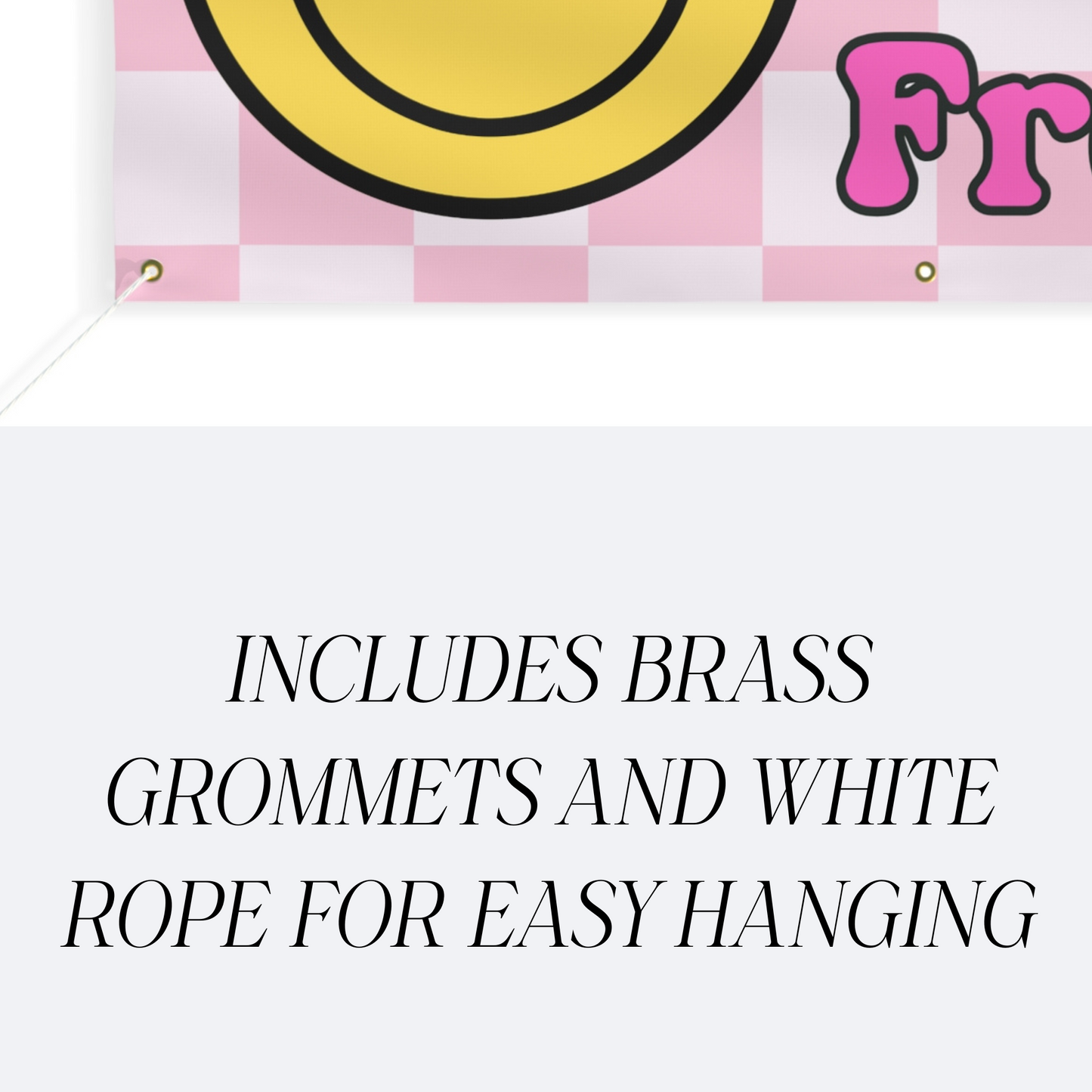 Decorative banner with a yellow circle and pink text on a white background