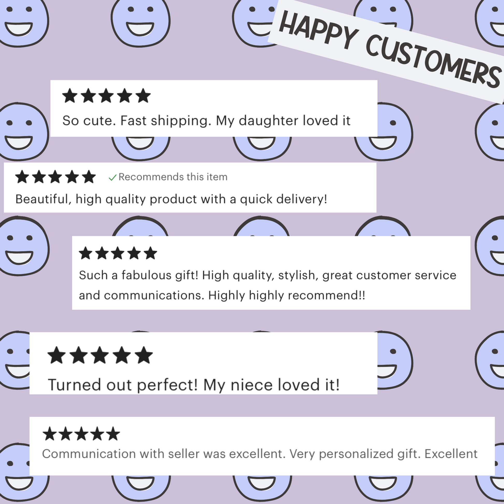 Five-star reviews on a purple background with smiley face patterns