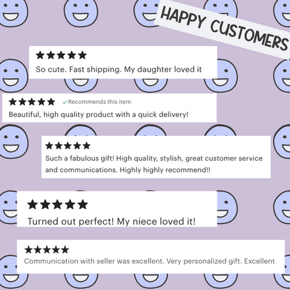 Five-star reviews on a purple background with smiley face patterns