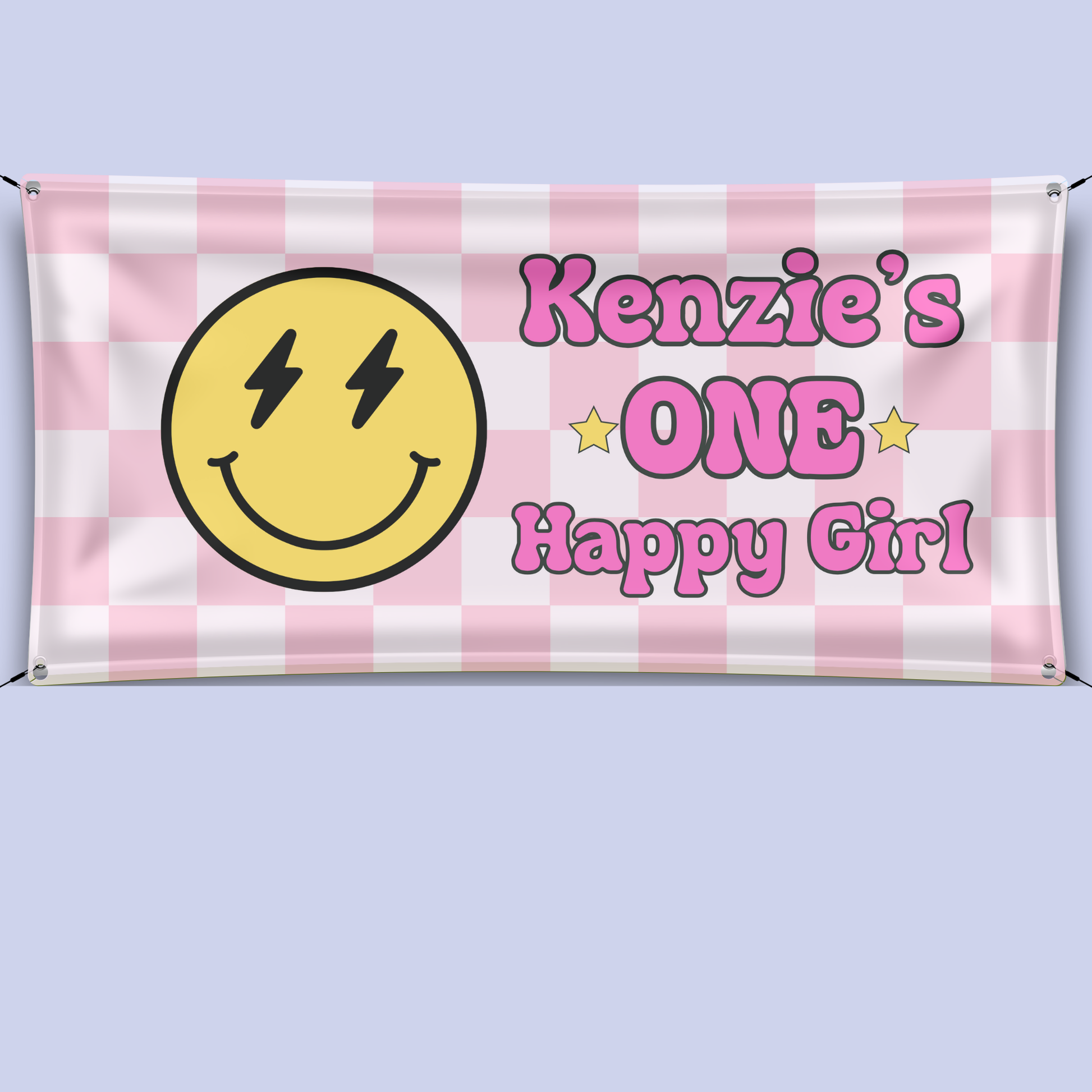 Checkered banner with smiley face and text 'Kenzie's ONE Happy Girl' on a light purple background