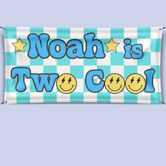 Checkered birthday banner with 'Noah is Two Cool' text on a light purple background