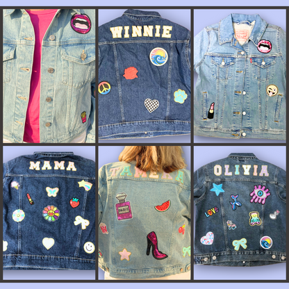 Collage of denim jackets with various patches and text