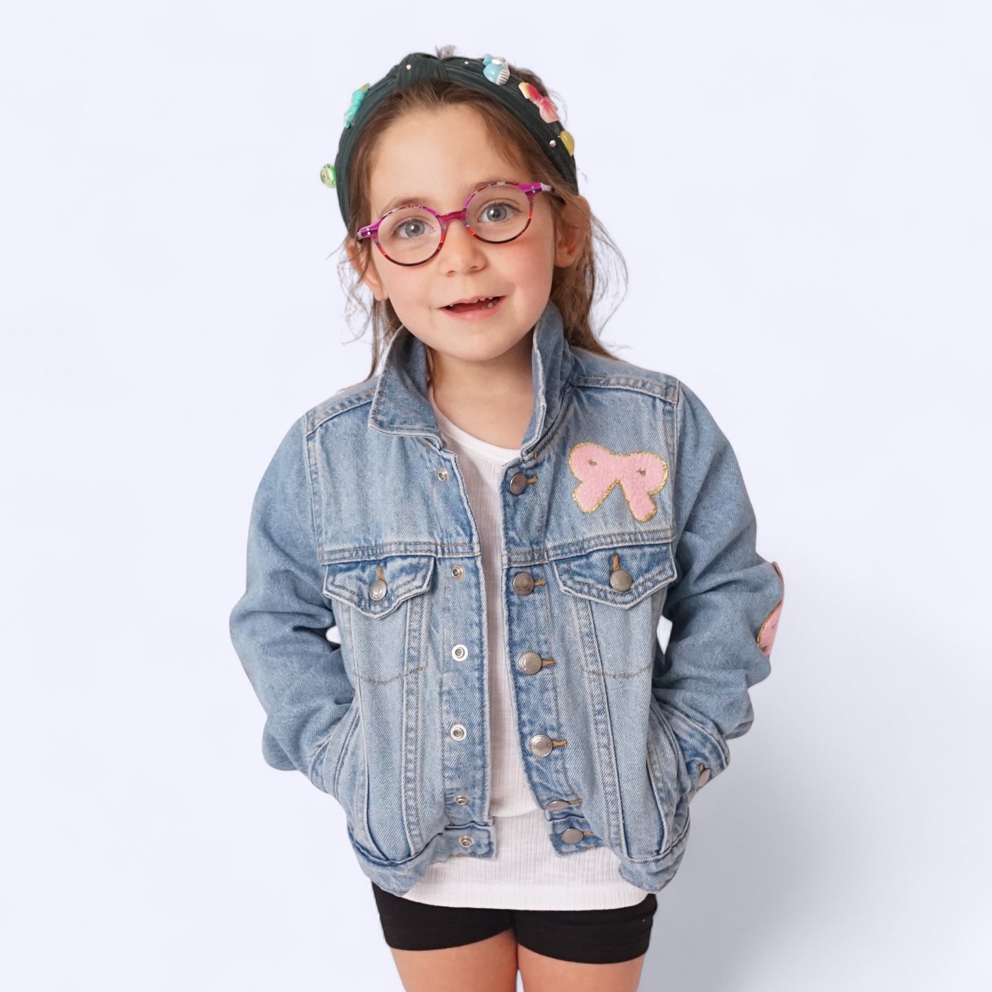 Personalized kids denim jacket with chenille initial patch on front chest