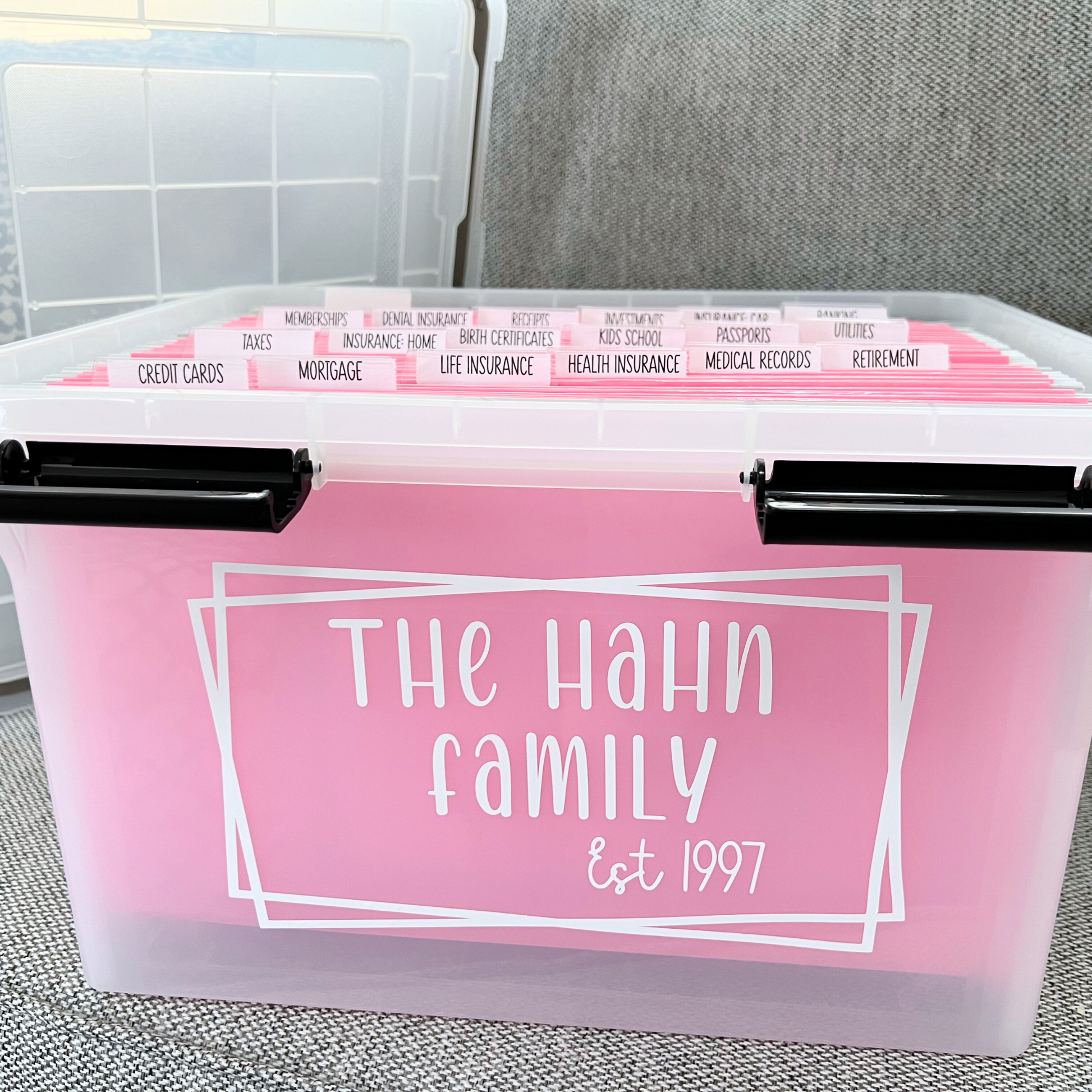 Personalized file box labeled 'The Johnson Family est. 2023' in white vinyl, Signature box with hanging folders, font 
