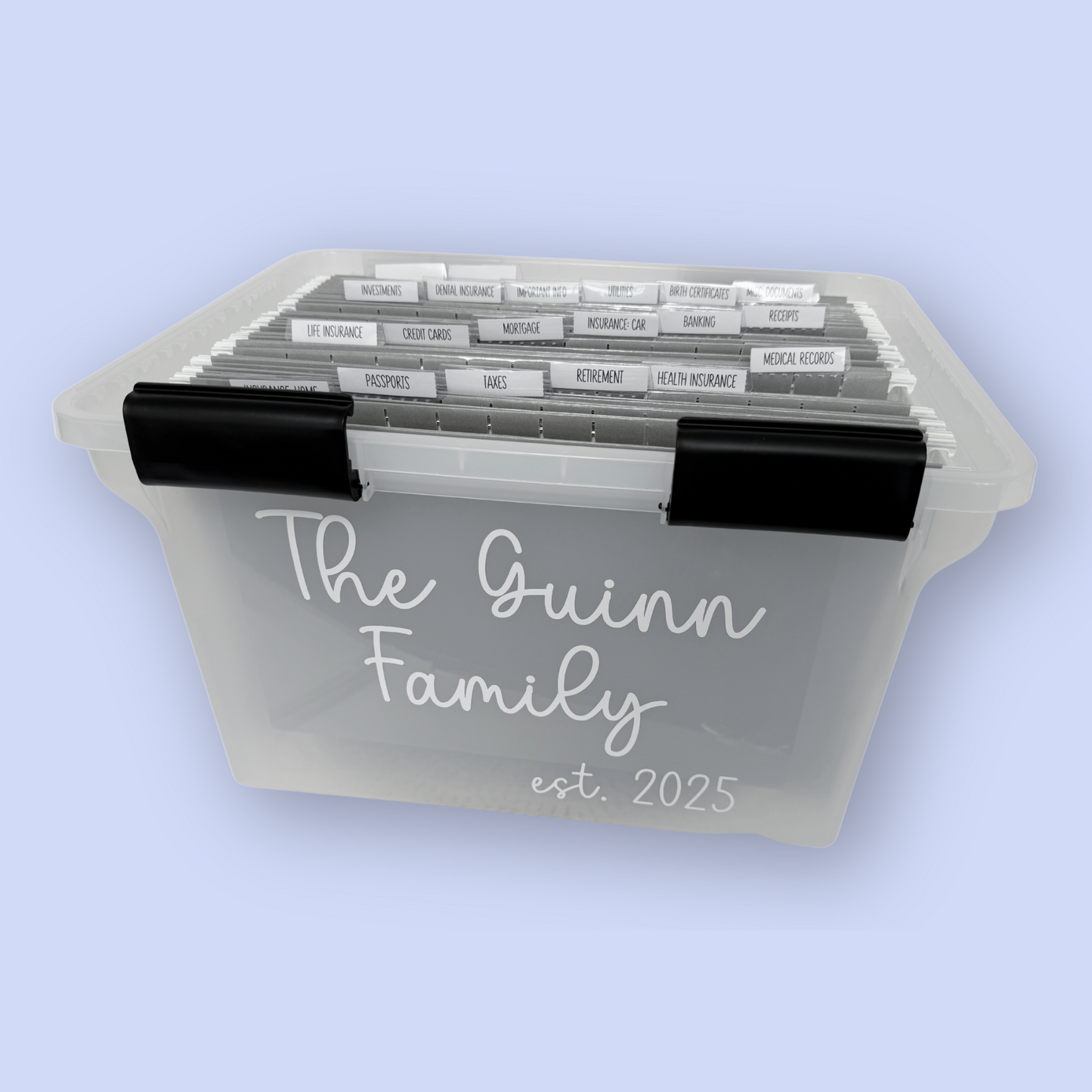 Personalized file organizer with 'The Guinn Family est. 2025' text on a light blue background