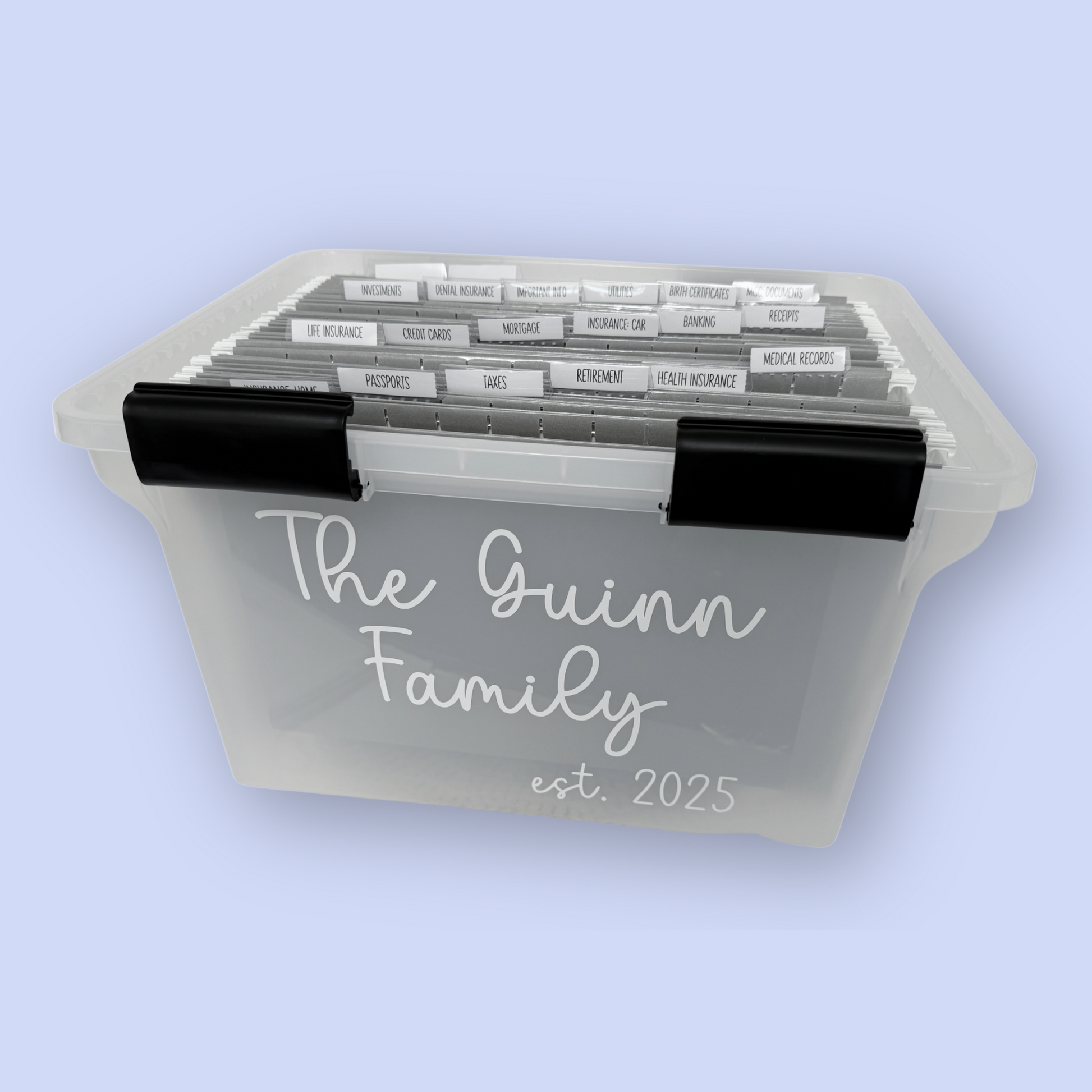 Personalized file organizer with 'The Guinn Family est. 2025' text on a light blue background