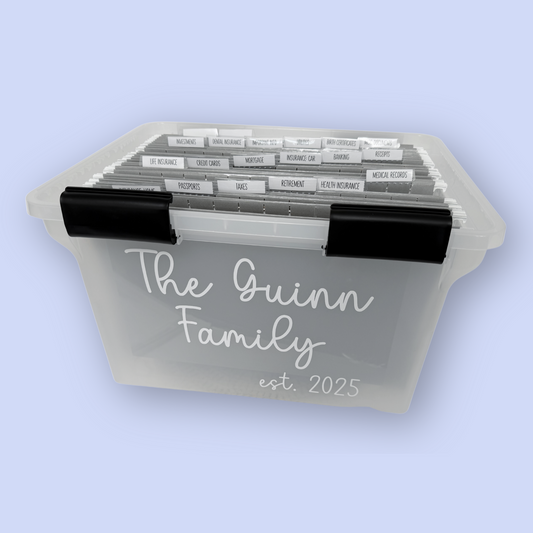 Personalized file organizer with 'The Guinn Family est. 2025' text on a light blue background