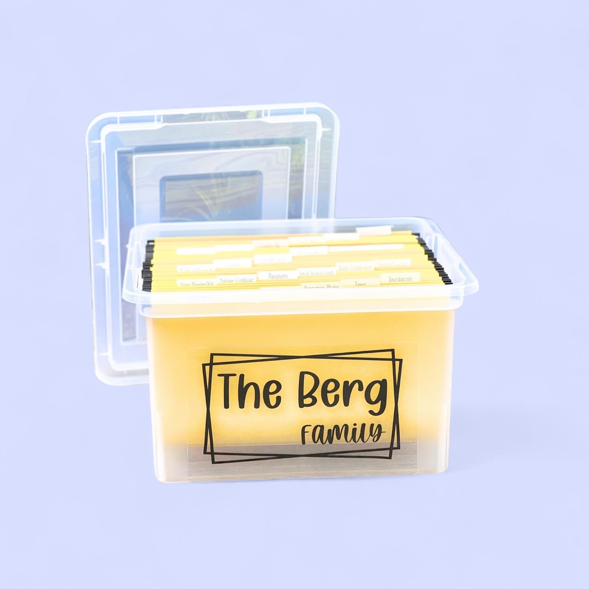 Yellow personalized file box labeled 'The Berg Family' with hanging folders
