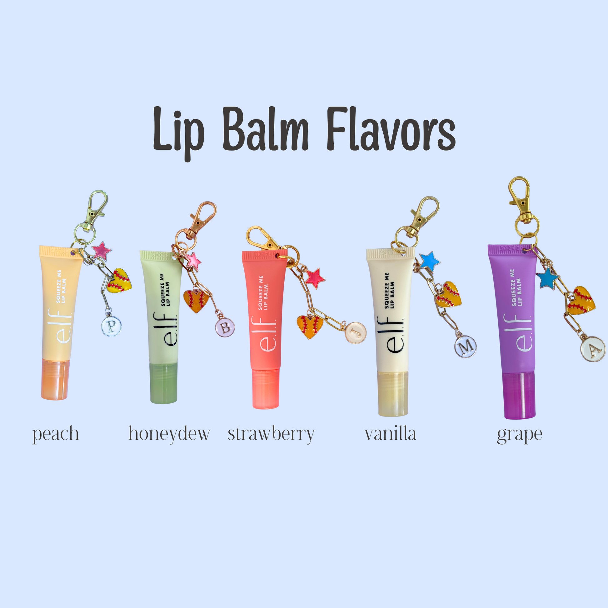 Lip balm keychains with flavors labeled on a light blue background