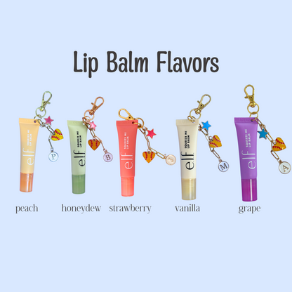 Lip balm keychains with flavors labeled on a light blue background