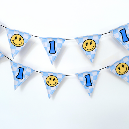 Bunting flags with smiley faces and the number '1' on a white background