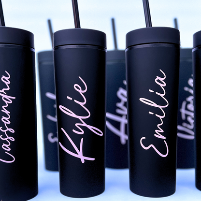  (Black tumblers):
Multiple black tumblers lined up with personalized white vinyl names like “Kylie,” “Emma,” and “Emilia.”